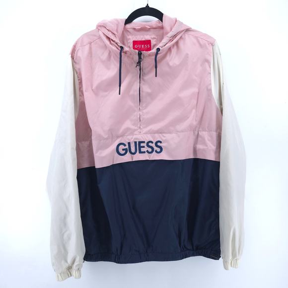 Guess Mens Colorblock Hooded Half Zip Pullover Windbreaker Zipper Front Pocket L - Picture 1 of 13